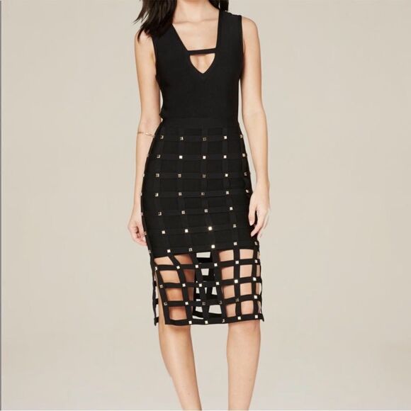 Bebe Black Sia Cage Bandage Embellished Dress - Picture 1 of 16